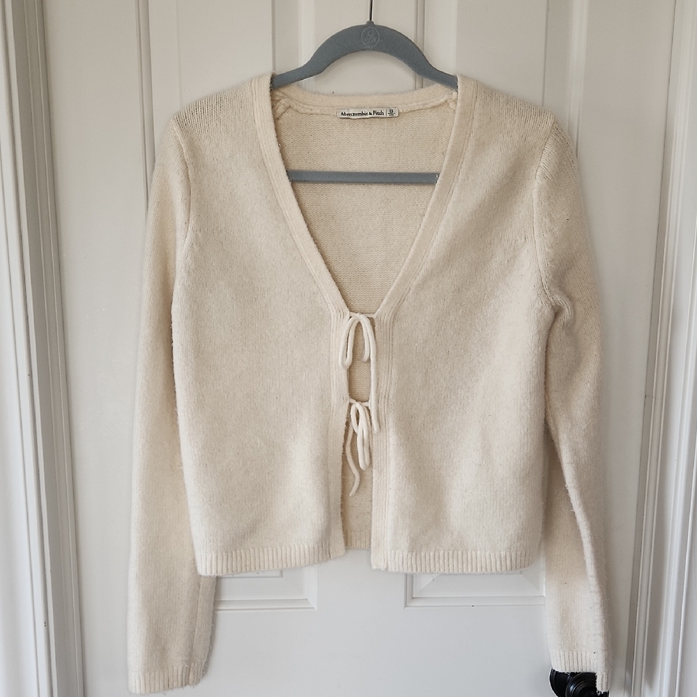 Cream V-Neck Tie-Front Sweater